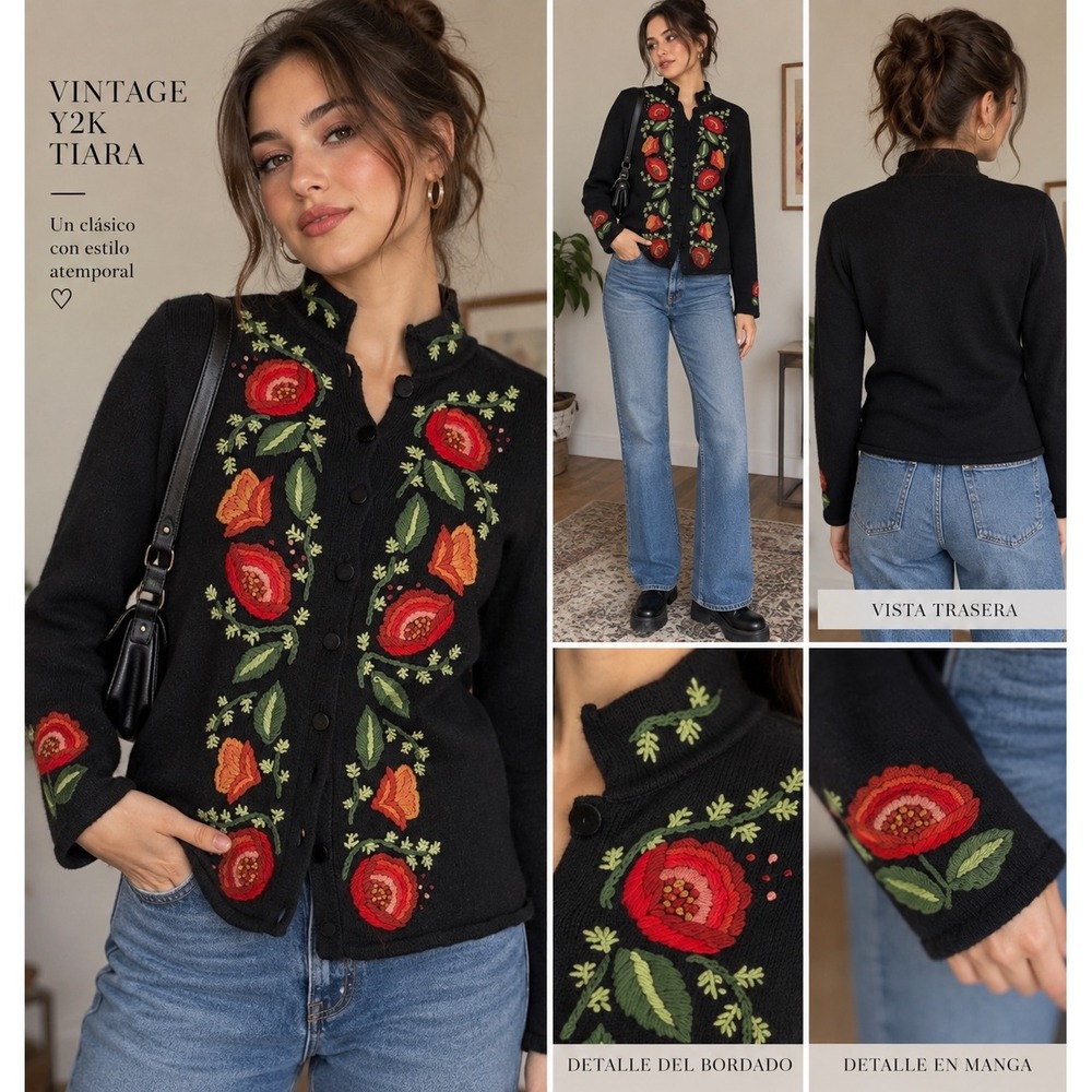 Tiara International Vintage Y2K Floral Embroidered Cardigan Black Mock Neck L
